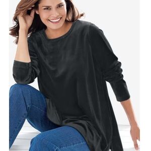 Woman Within Plus Size 1X Black Long Sleeve Velour Tunic Sweatshirt